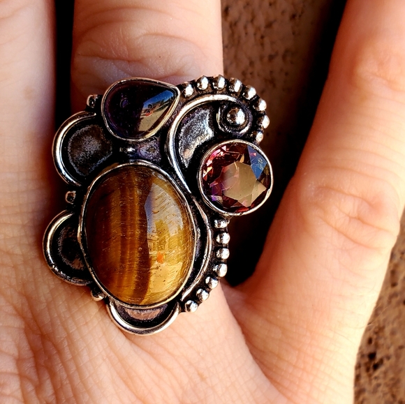 New Tiger Eye, Amethyst and Ametrine 925 Silver Ring. - Picture 6 of 12